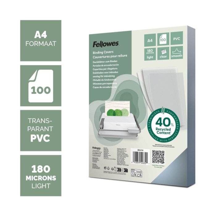 Voorblad Fellowes A4 PVC 180micron recycled 100 stuks