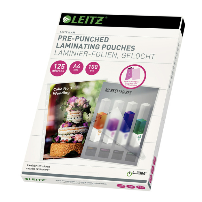 Lamineerhoes Leitz iLAM A4 met perforatieband 2x125micron EVA 100 stuks