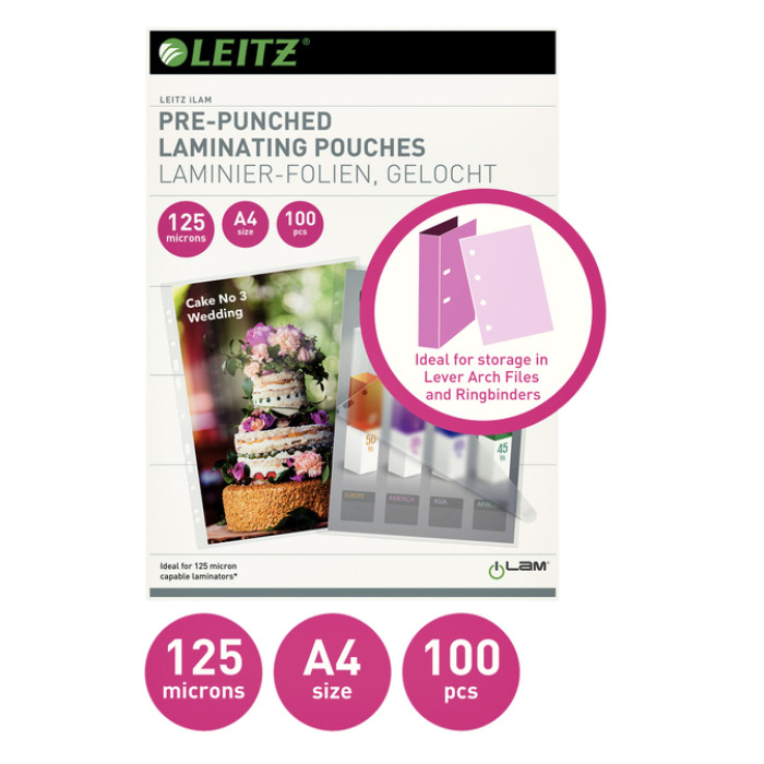 Lamineerhoes Leitz iLAM A4 met perforatieband 2x125micron EVA 100 stuks