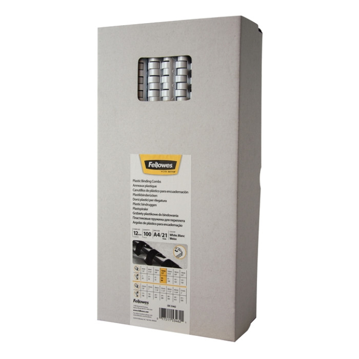 Bindrug Fellowes 12mm 21rings A4 wit 100 stuks