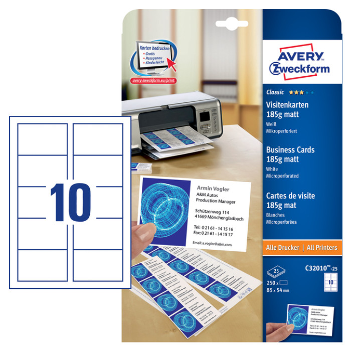 Visitekaart Avery Zweckform C32010-25 85x54mm 185gr 250stuks