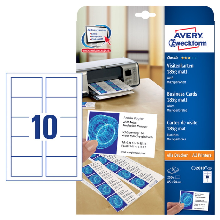 Visitekaart Avery Zweckform C32010-25 85x54mm 185gr 250stuks