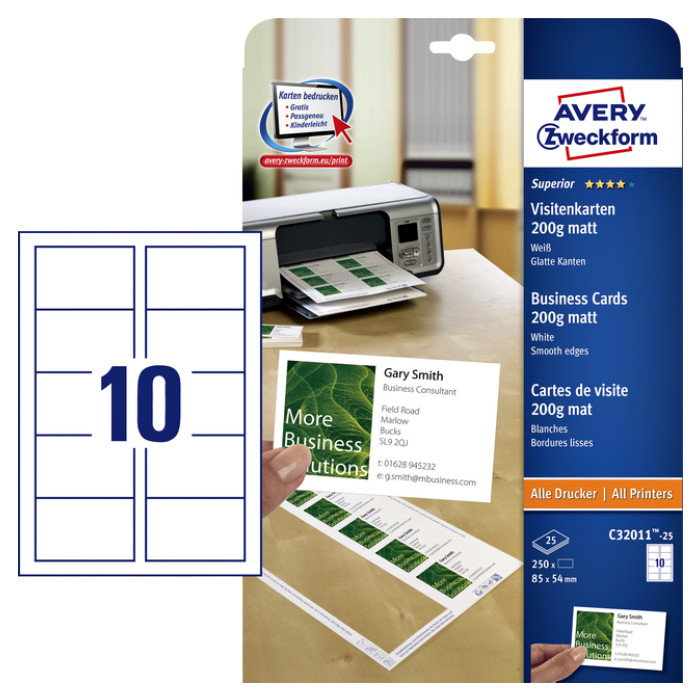 Visitekaart Avery Zweckform C32011-25 85x54mm 200gr 250stuks
