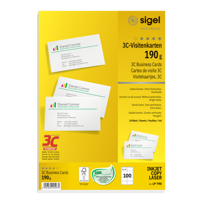 Visitekaart Sigel 85x55mm blanco 190gr  afgeronde hoeken wit 100 stuks