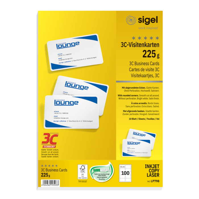 Visitekaart Sigel 85x55mm blanco 225gr ronde hoeken wit 100 stuks