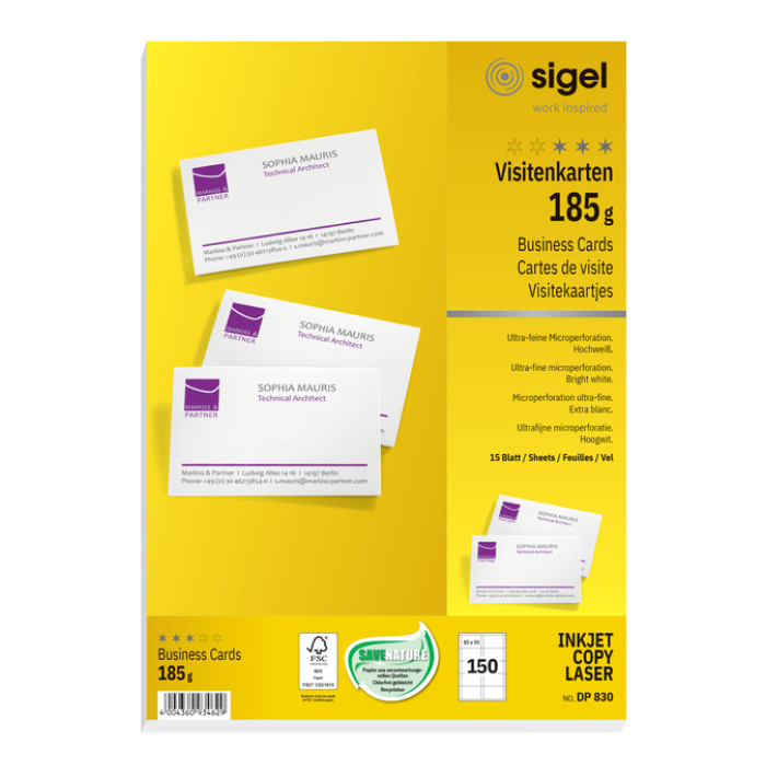 Visitekaart Sigel 85x55mm blanco 185gr wit 150 stuks