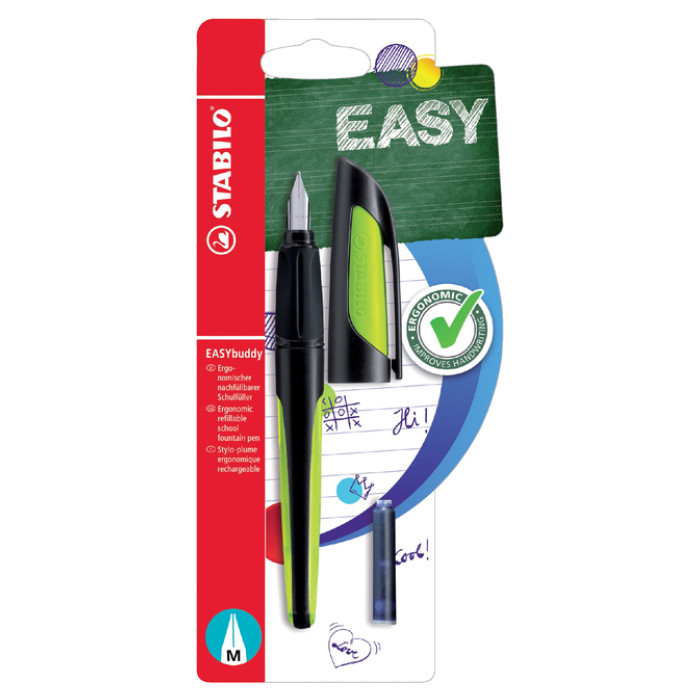 Vulpen STABILO Easybuddy rechtshandig M zwart/lime blister à 1 stuk