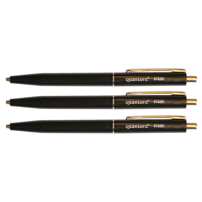 Balpen Quantore drukknop met metalen clip zwart medium
