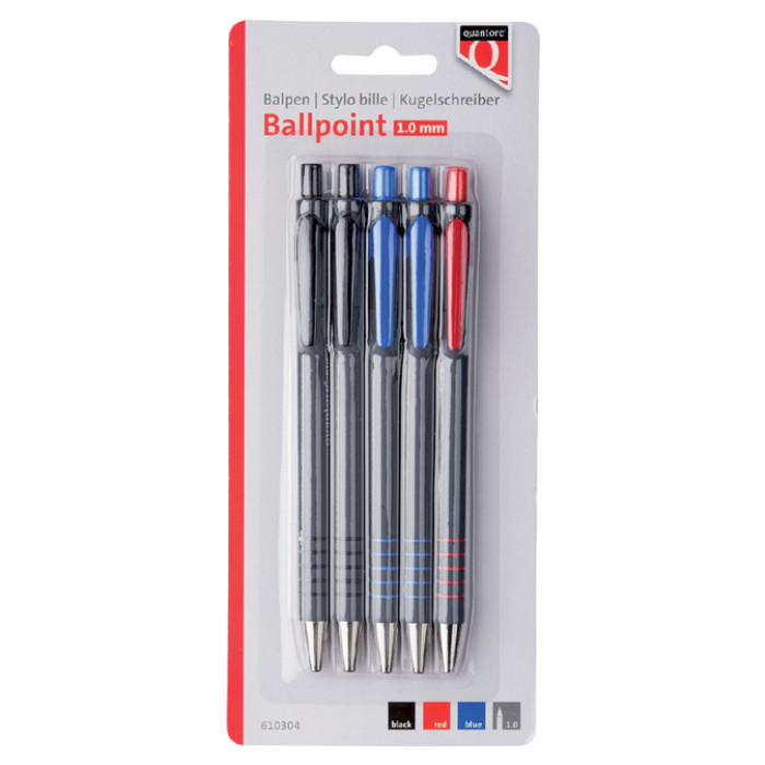 Balpen Quantore grip drukknop assorti 5 stuks