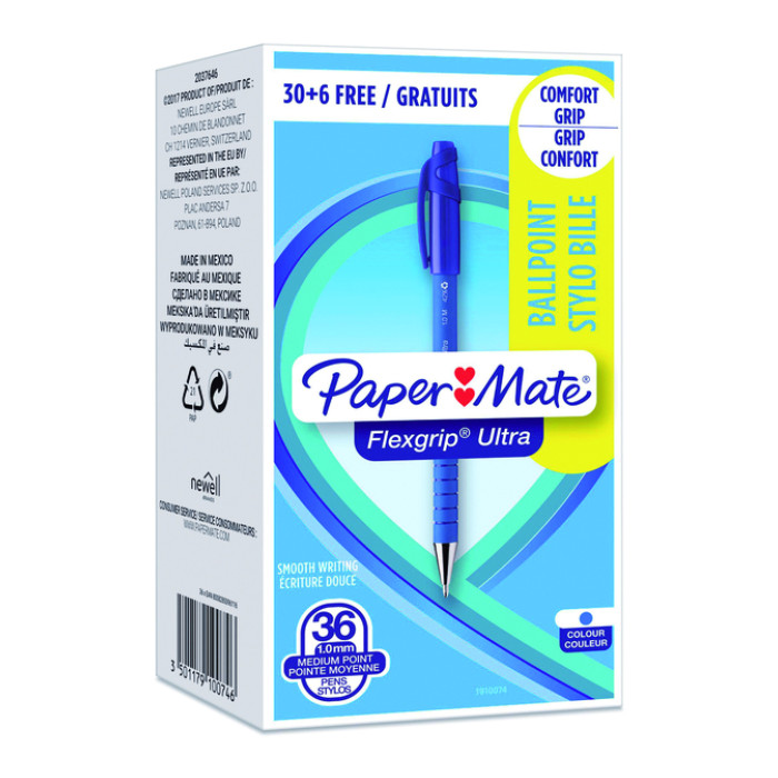 Balpen Paper Mate Flexgrip Ultra medium blauw valuepack 30+6 gratis