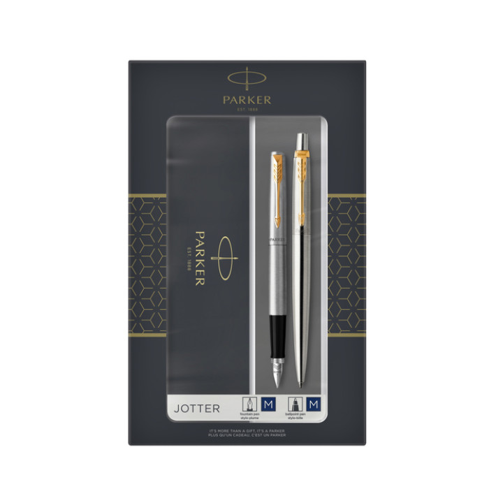 Balpen en vulpen Parker Jotter stainless steel GT medium 2 stuks
