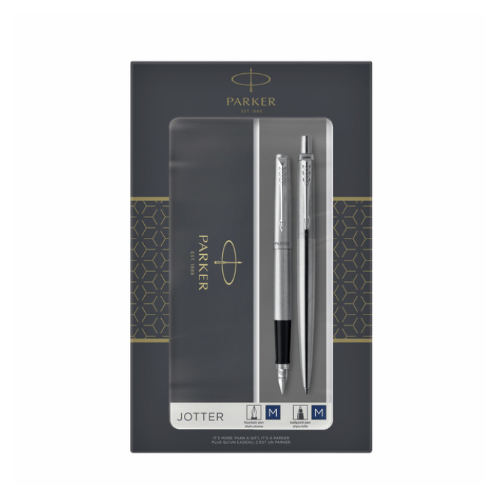 Balpen en vulpen Parker Jotter stainless steel CT medium 2 stuks