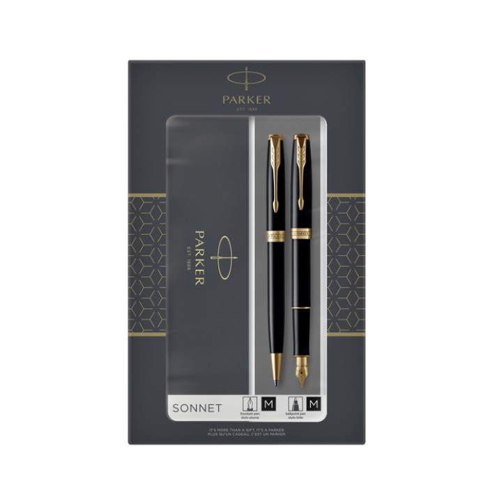 Balpen en vulpen Parker Sonnet black lacquer GT medium 2 stuks