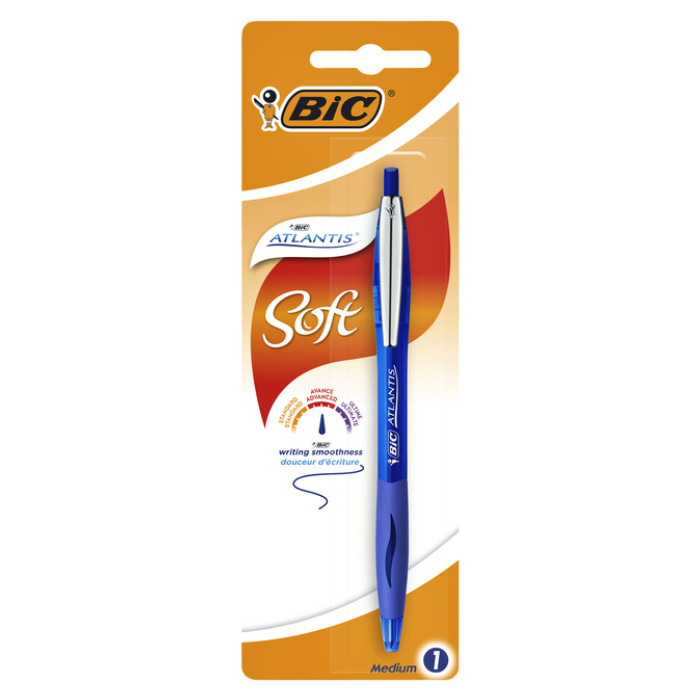 Balpen Bic Atlantis soft metalen clip clic medium blauw bister à 1st