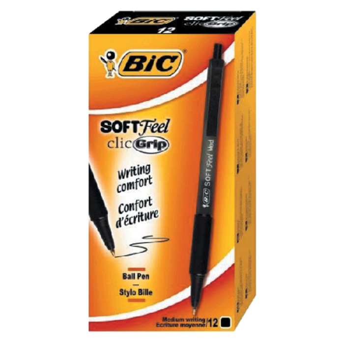 Balpen Bic soft feel grip clic medium zwart
