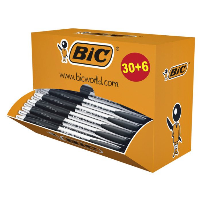 Balpen Bic Atlantis classic grip clic M zwart valuepack 30+6 gratis