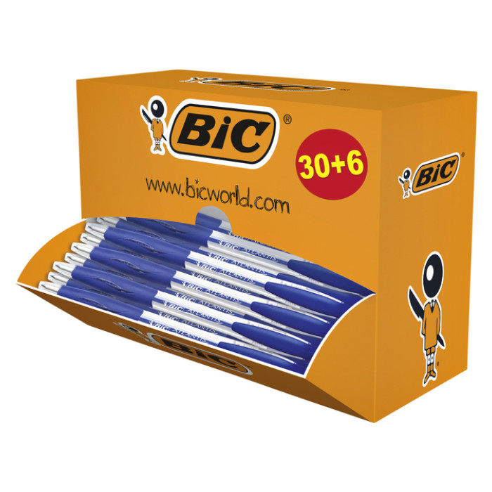 Balpen Bic Atlantis classic grip clic M blauw valuepack 30+6 gratis