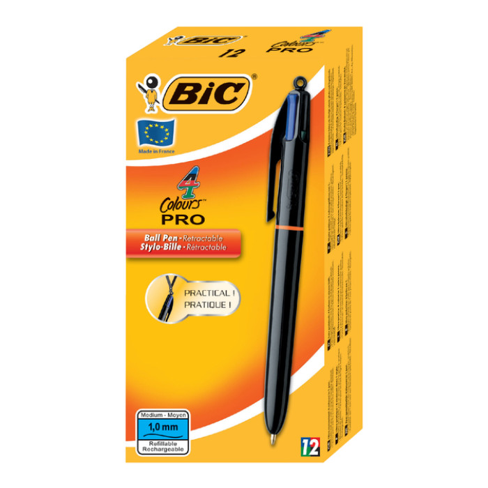 Balpen Bic 4kleuren Pro met ring medium zwart