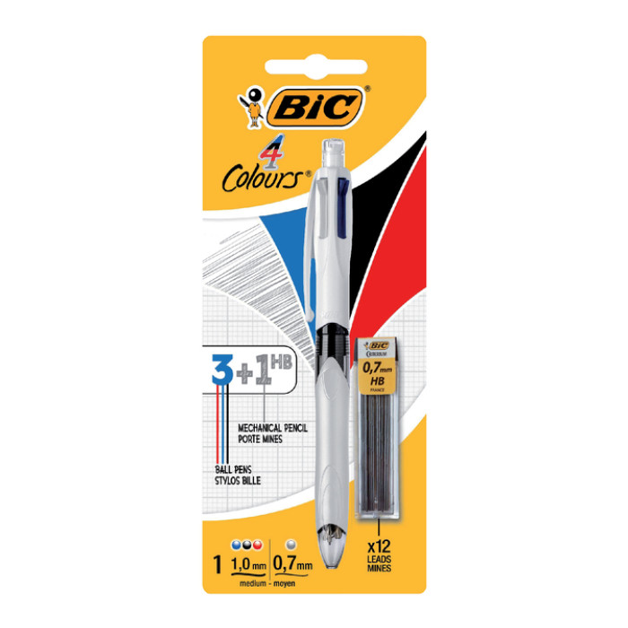 Balpen Bic 3kleuren met vulpotlood HB 0.7mm medium wit blister à 1st