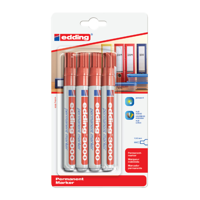 Viltstift edding 3000 rond 1.5-3mm rood blister à 4 stuk