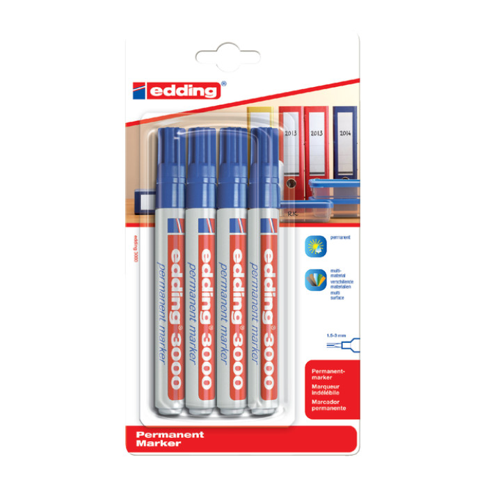 Viltstift edding 3000 rond 1.5-3mm blauw blister à 4 stuks