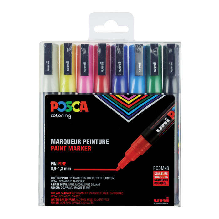 Paintmarker Uni POSCA PC3M fijn assorti set à 8 stuks