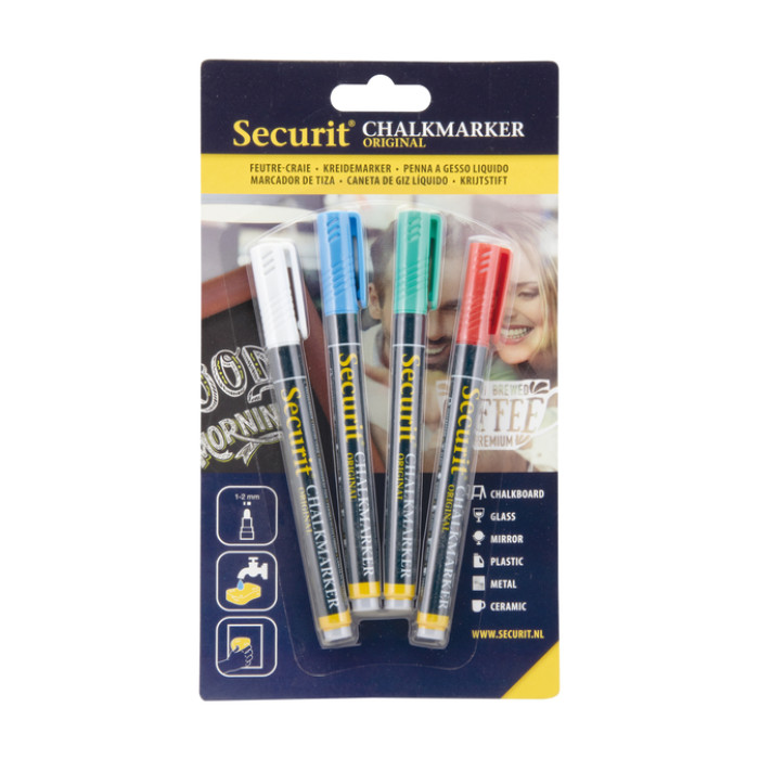 Krijtstift Securit SMA-100 rond 1-2mm wit/blauw/groen/rood blister à 4 stuks