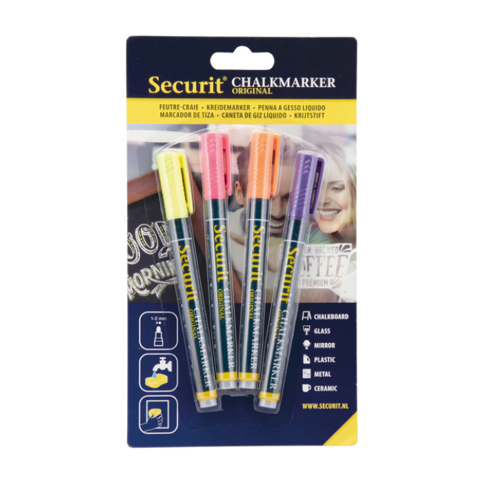 Krijtstift Securit SMA-100 rond 1-2mm geel/oranje/roze/paars blister à 4 stuks