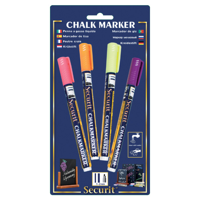 Krijtstift Securit SMA-100 rond 1-2mm geel/oranje/roze/paars blister à 4 stuks