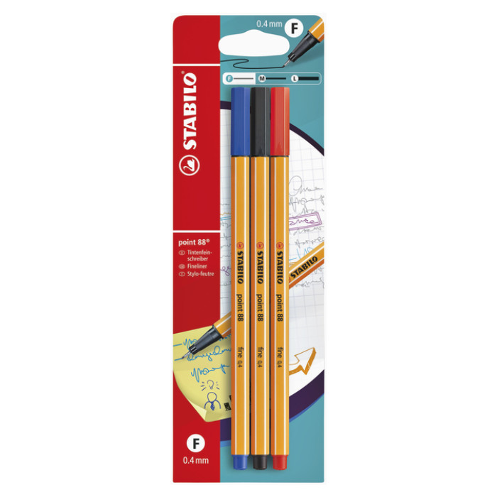 Fineliner STABILO point 88/3 fijn assorti blister à 3 stuks