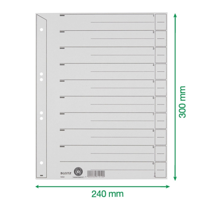 Scheidingsbladen Leitz A4 karton 200gr 6-gaats grijs 100 stuks