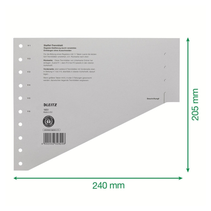 Scheidingsbladen Leitz A4 karton 200gr 11-gaats grijs 100 stuks