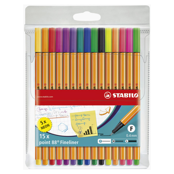 Fineliner STABILO point 88/15 fijn assorti etui à 15 stuks