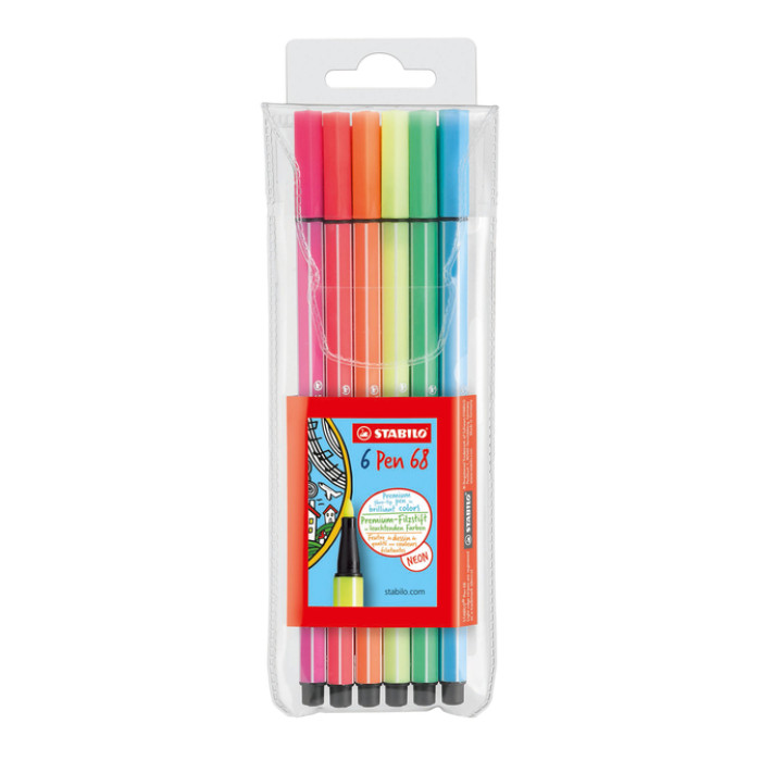 Viltstift STABILO Pen 68 medium fluor assorti etui à 6 stuks