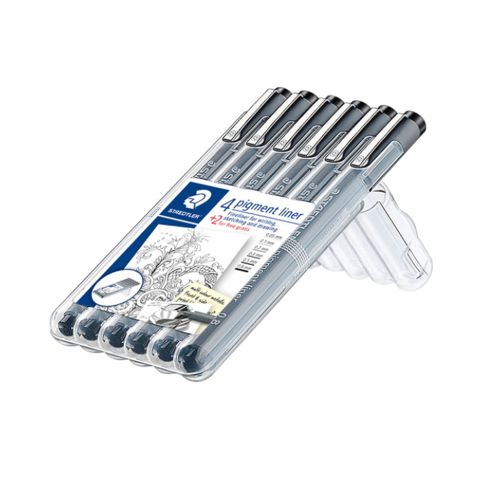 Fineliner Staedtler Pigment 308 zwart set 4+2 gratis