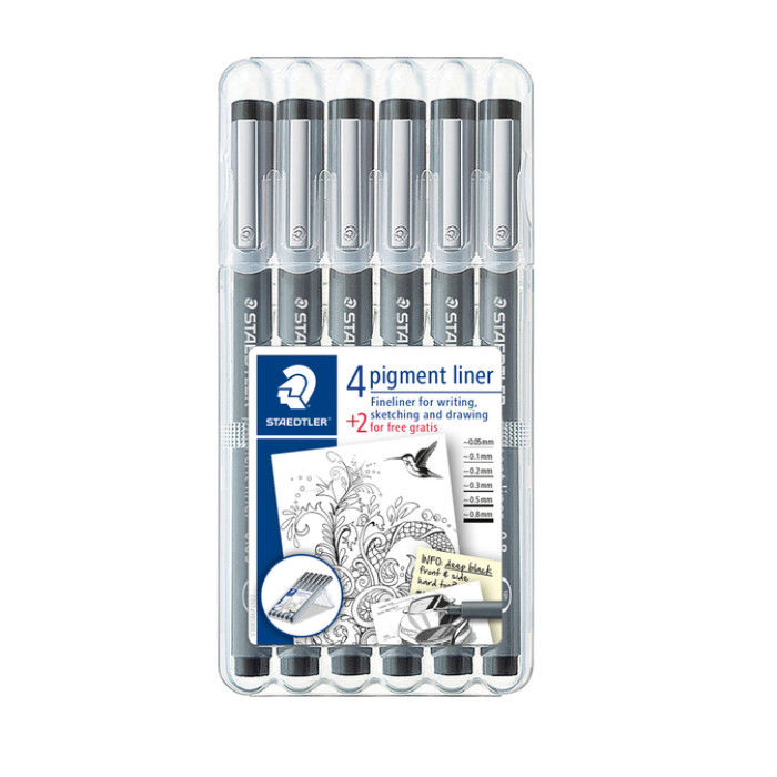 Fineliner Staedtler Pigment 308 zwart set 4+2 gratis