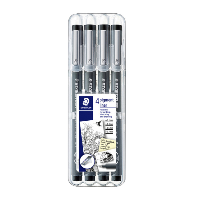 Fineliner Staedtler Pigment 308 zwart set 4 stuks