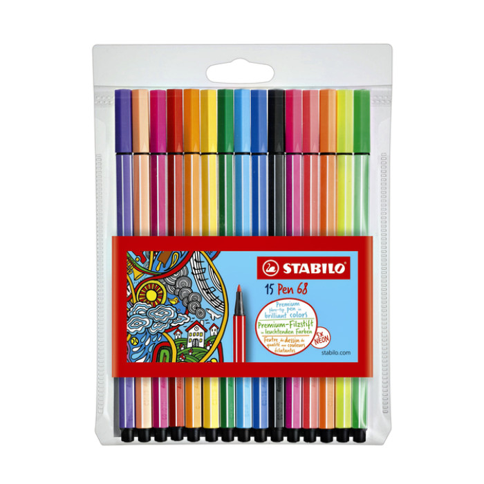Viltstift STABILO Pen 68/15 medium assorti etui à 10+5 neon kleuren