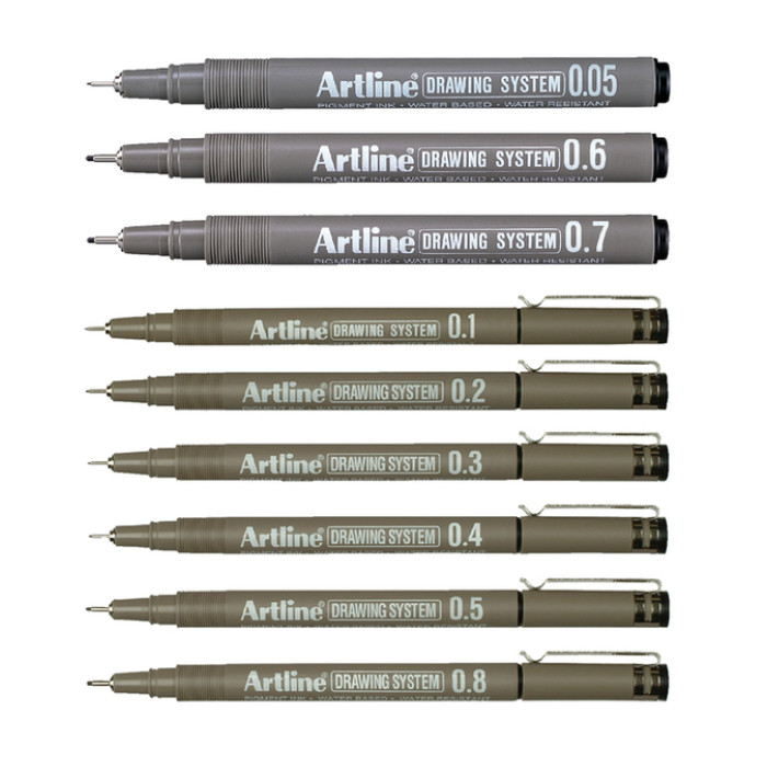 Fineliner Artline technisch etui met 0.2-0.4-0.6-0.8mm zwart