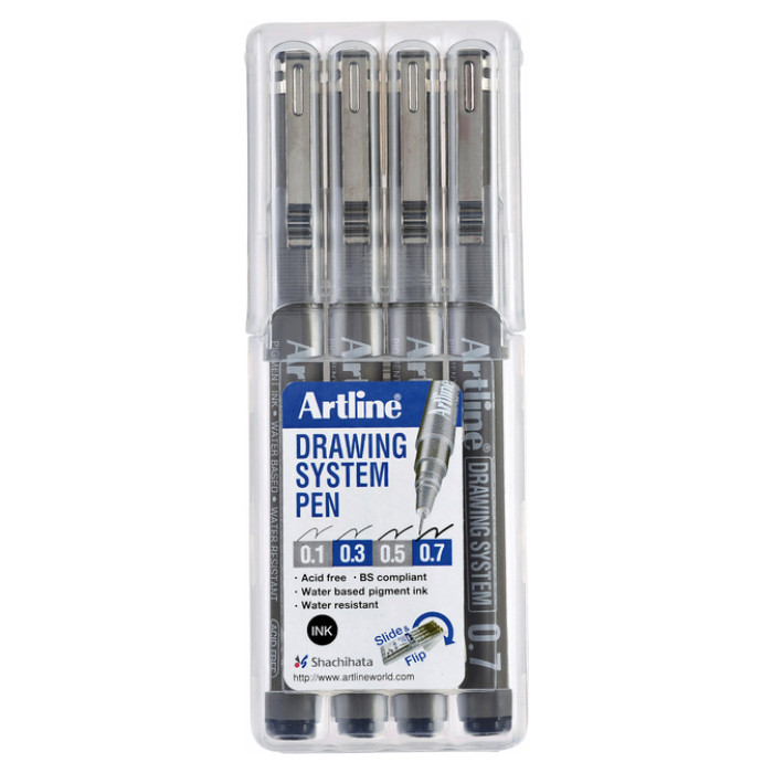 Fineliner Artline technisch etui met 0.1-0.3-0.5-0.7mm zwart