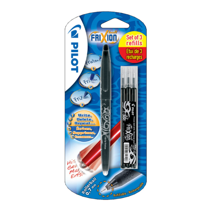 Rollerpen PILOT friXion medium zwart blister à 1 stuk + 3 vullingen
