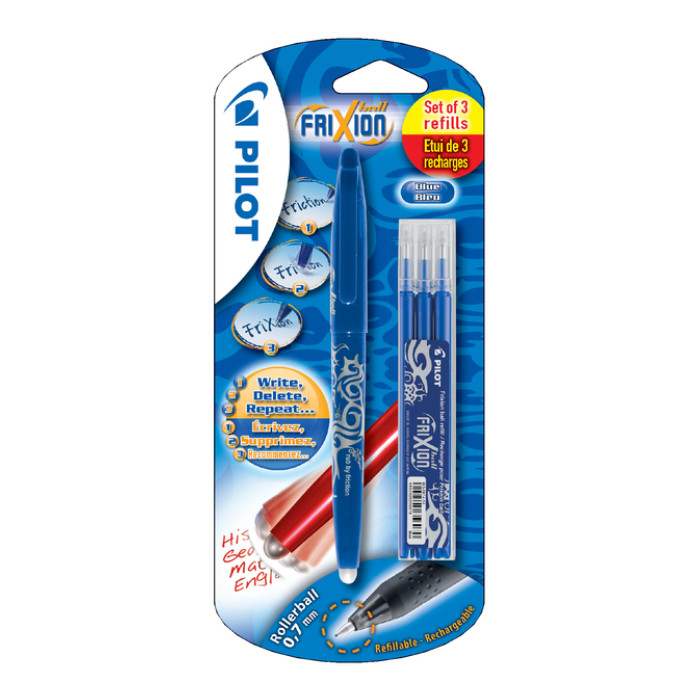 Rollerpen PILOT friXion medium blauw blister à 1 stuk + 3 vullingen