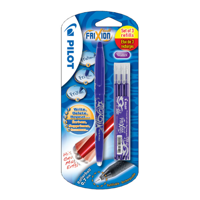 Rollerpen PILOT friXion medium paars blister à 1 stuk + 3 vullingen