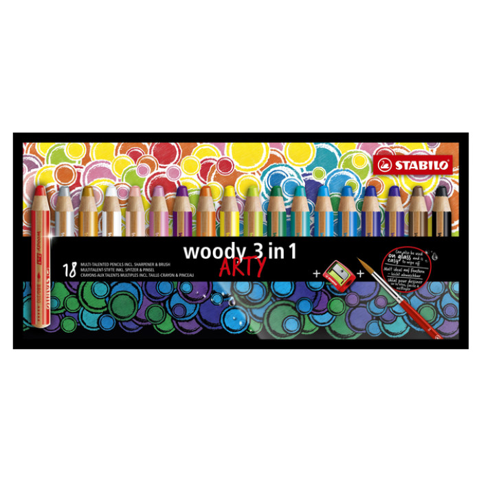 Kleurpotloden STABILO 880 woody 3 in 1 Arty + slijper+penseel ass 18st