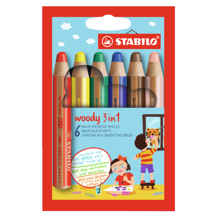 Kleurpotloden STABILO 880 woody 3 in 1 assorti etui à 6 stuks