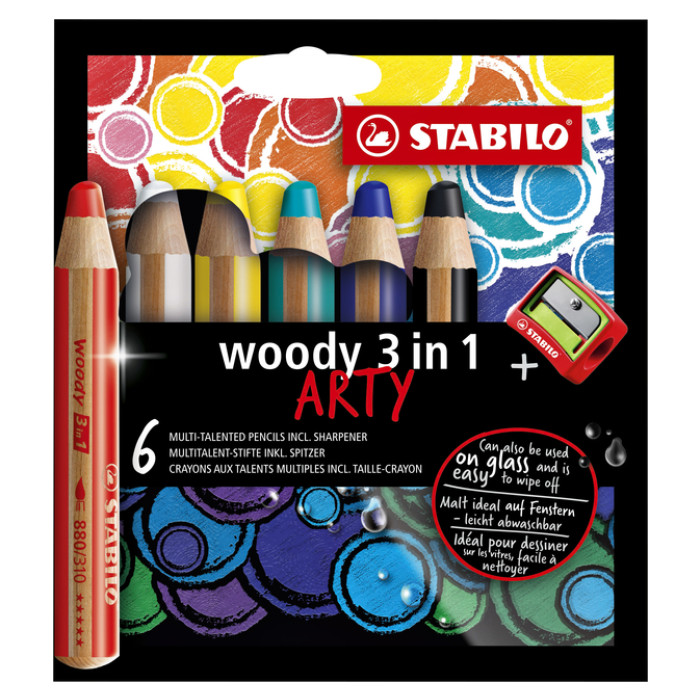 Kleurpotloden STABILO 880 woody 3 in 1 Arty incl puntenslijper ass 6st