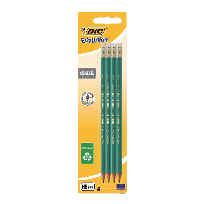 Potlood Bic Evolution ecolutions zeshoekig HB met gumtop blister à 4st
