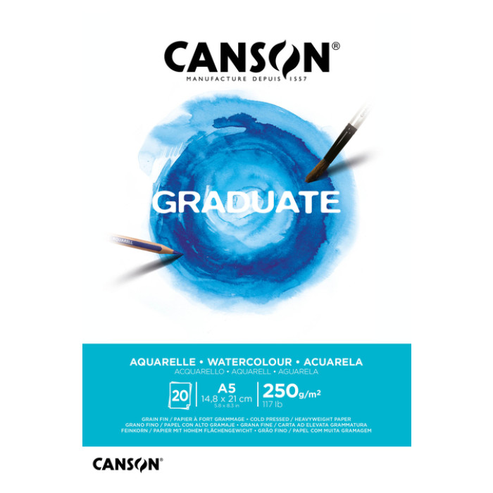 Aquarelpapier Canson Graduate Watercolour 20vel 250gr A5 natuurlijk wit