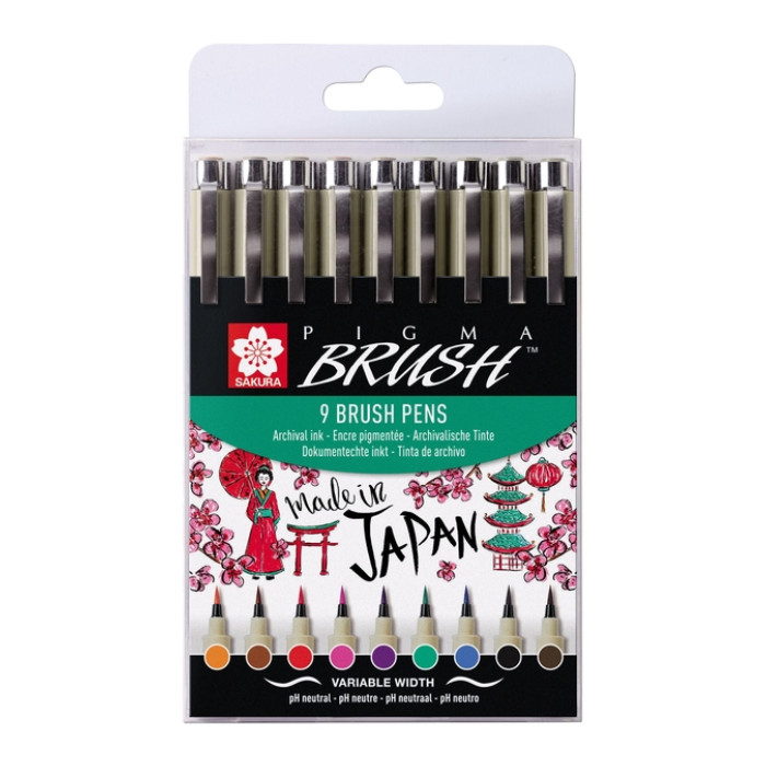 Viltift met brushpen Bruynzeel Sakura Pigma etui à 9 kleuren