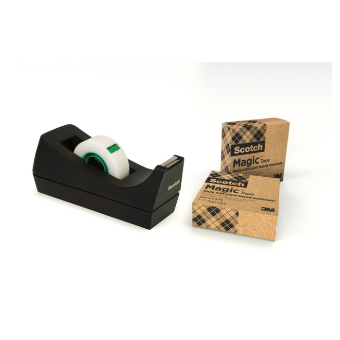 Plakbandhouder Scotch C38 recycled zwart + 3rol magic tape 900 19mmx33m